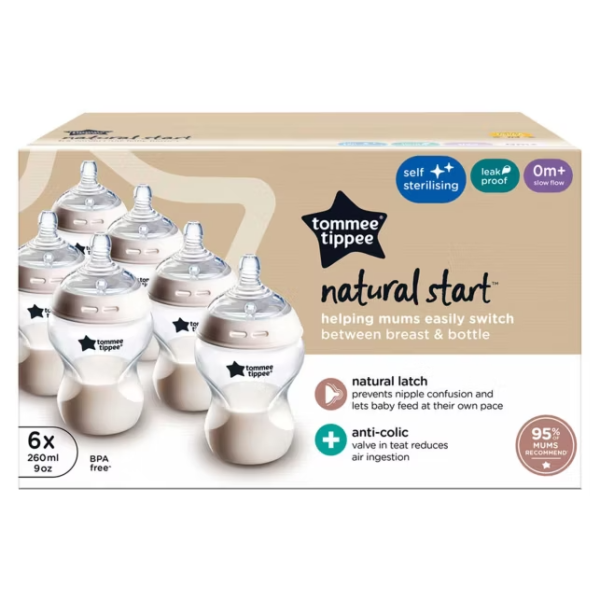Tommee Tippee - Natural Start Anti-Colic Baby Bottle, Slow Flow Breast-Like Teat, Anti-Colic Valve, Self-Sterilising, Pack of 6