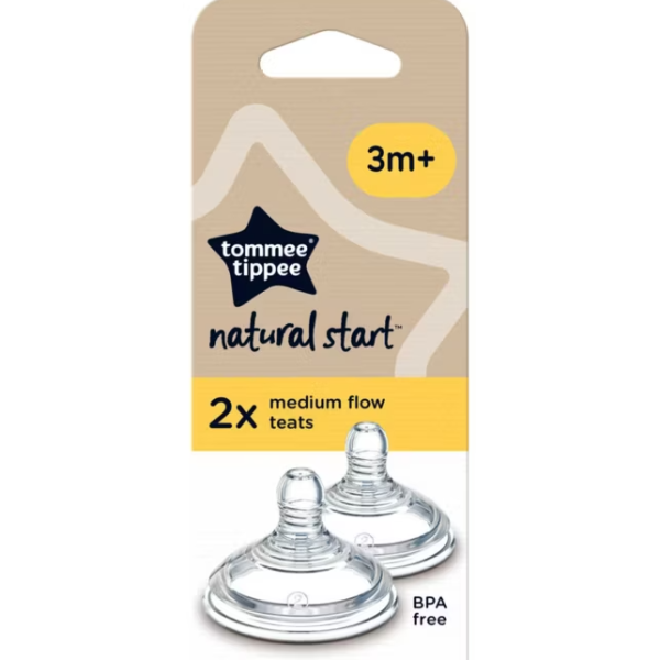 Tommee Tippee - Natural Start Baby Bottle Teats, Medium flow, 3+ Months, Anti-colic Valve, Soft Silicone, Pack of 2