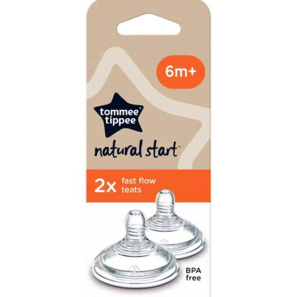 Tommee Tippee - Natural Start Baby Bottle Teats, Fast Flow, 6+ Months, Breast-Like, Anti-colic Valve, Soft Silicone, Pack of 2