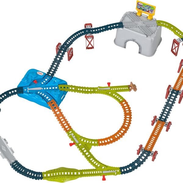 Train Tracks Set, Connect & Build Track Bucket, 34-Piece Preschool Toy | 34 pieces: straights, curves + ascending track, 2-in-1 bucket lid, T&F compatible (not wood), Ages 3+